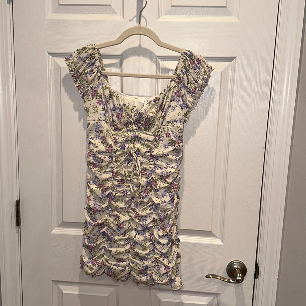 Love Bloom Cream Floral Print Ruched Off-the-Shoulder Mini Dress!